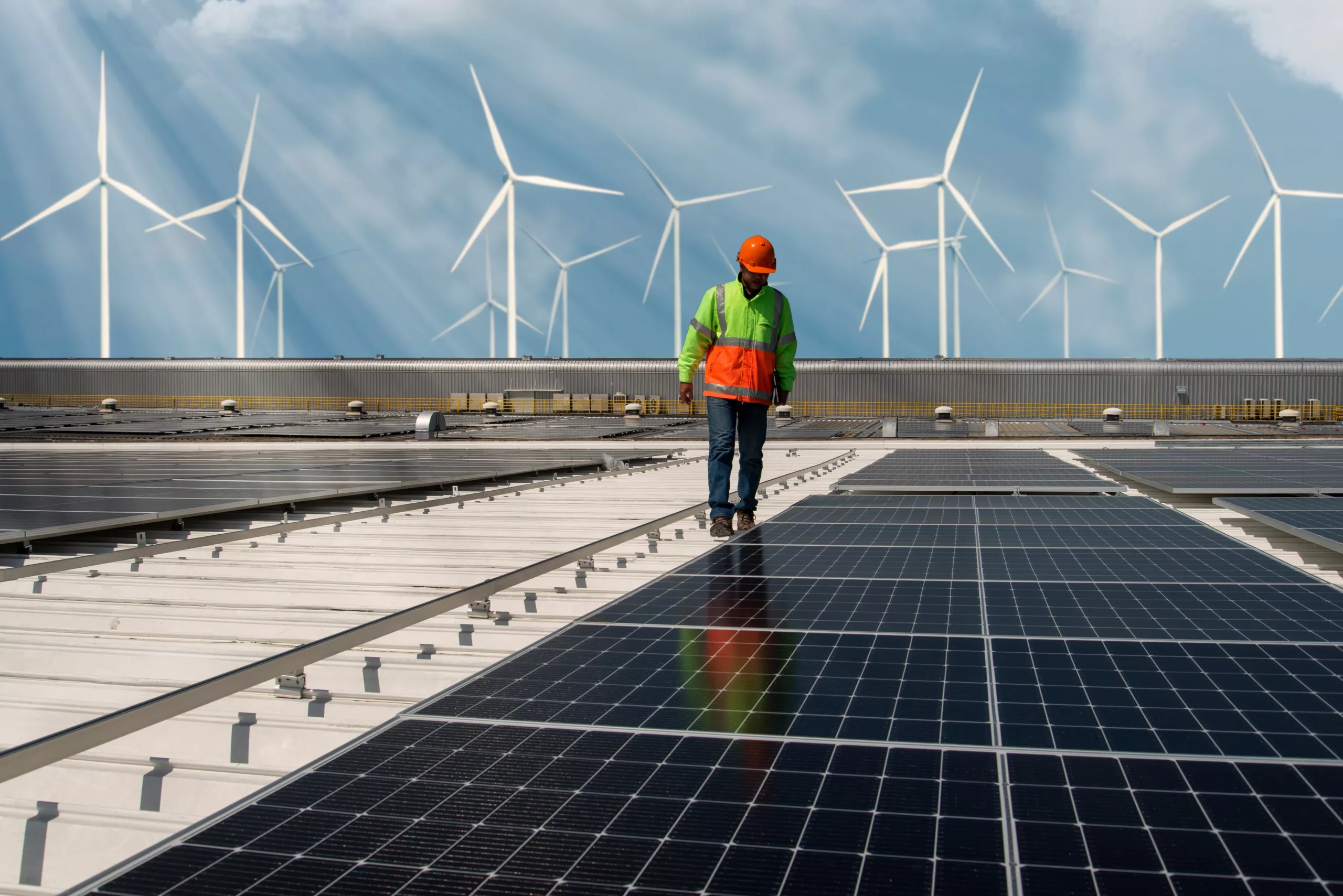 Male worker walking amongst solar panels and wind turbines