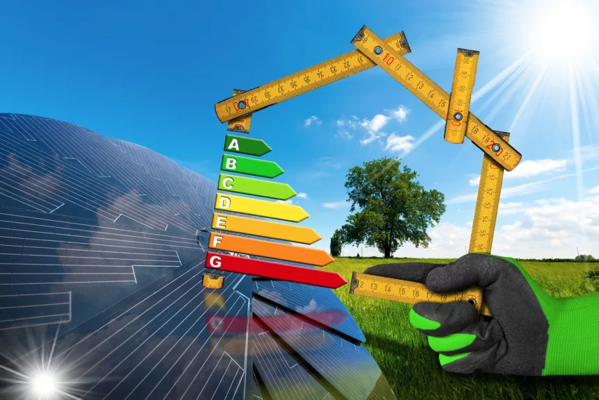 Energy rating level with contractor tape measure
