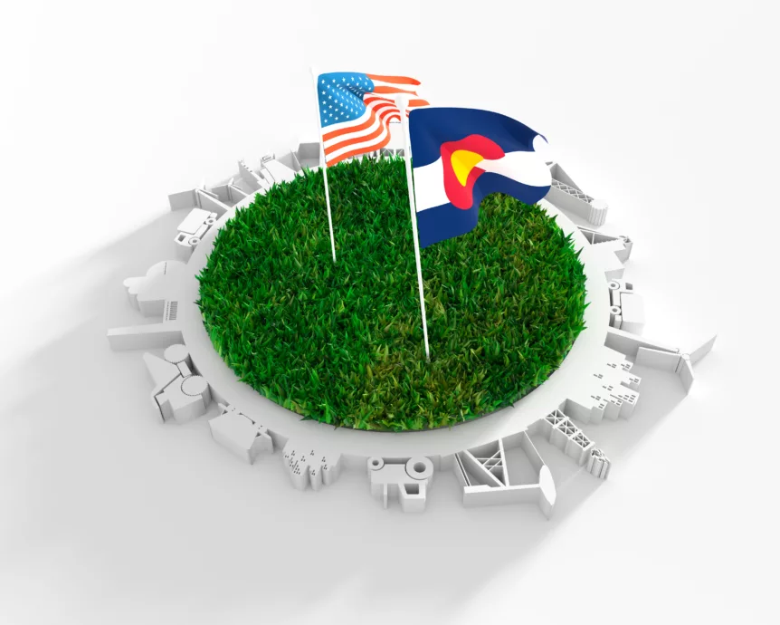 Circle with industry relative silhouettes and 3d green grass. Flag of USA and Colorado