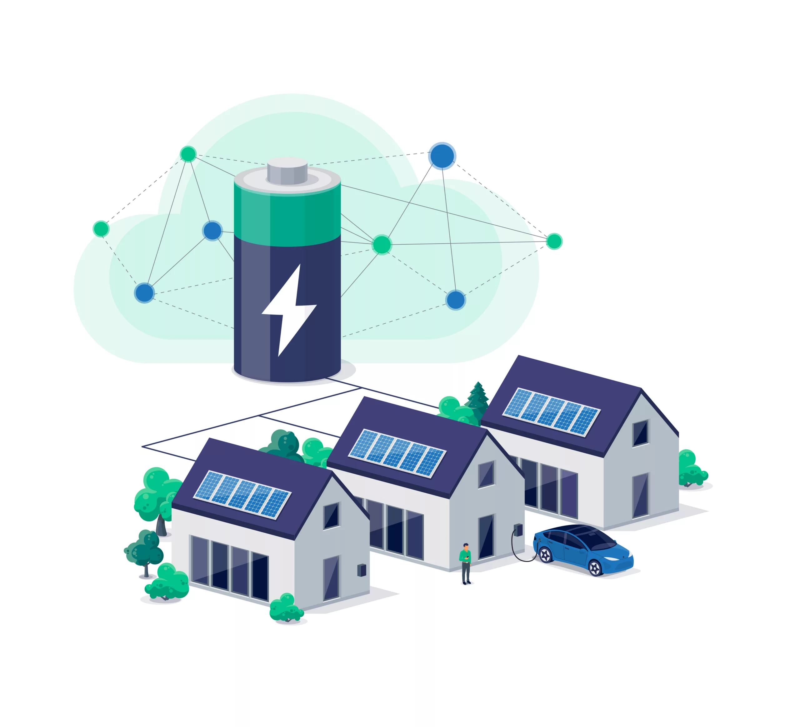 Home virtual power plant battery energy storage with house photovoltaic solar panels on roof and rechargeable li-ion electricity backup. Electric car charging on renewable smart island off-grid system