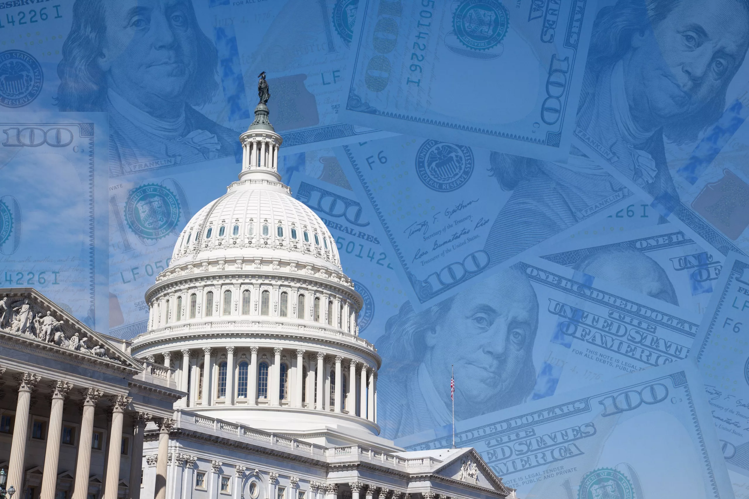US Capitol building with money background