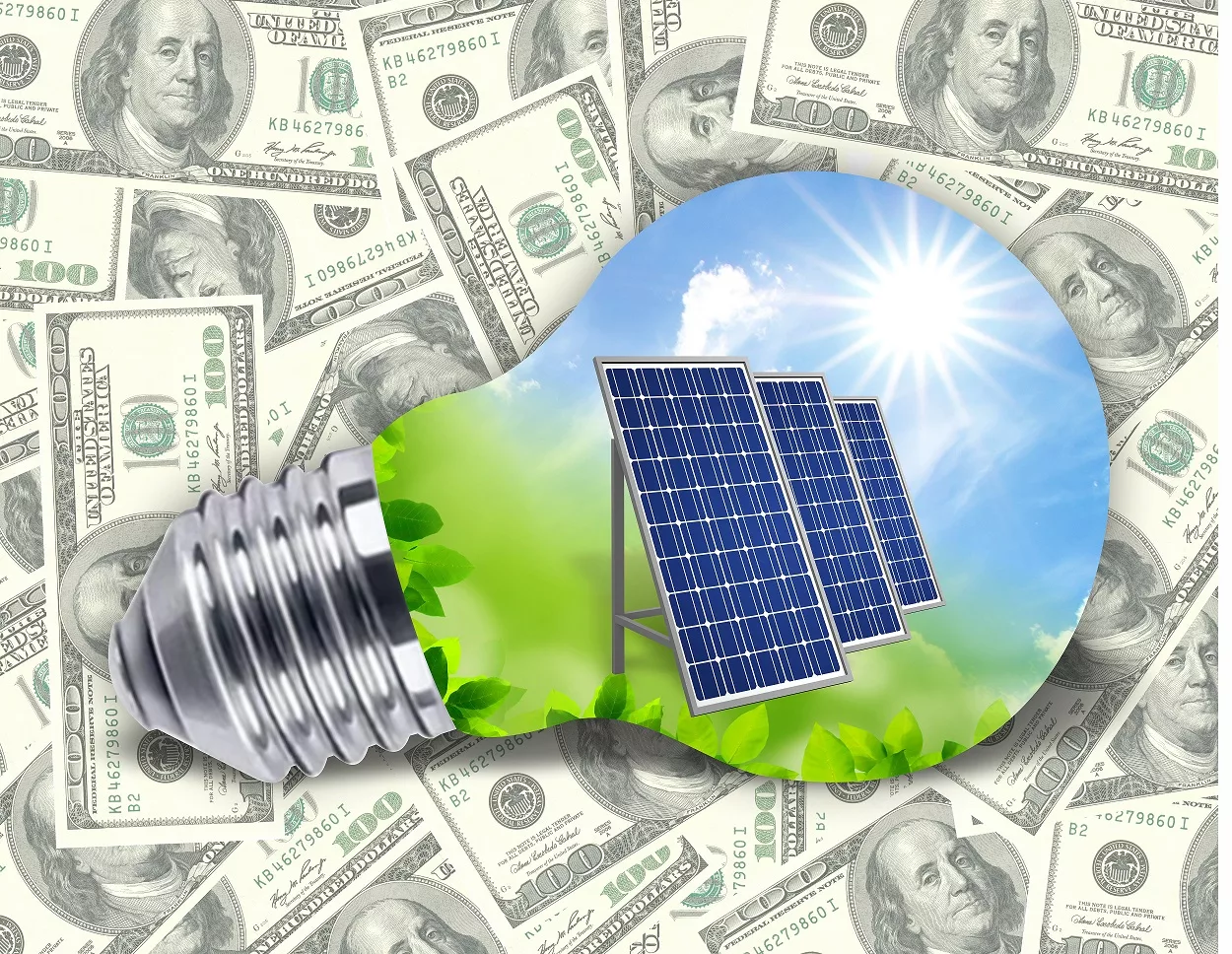 light bulb with solar panels green energy concept on dollars bac